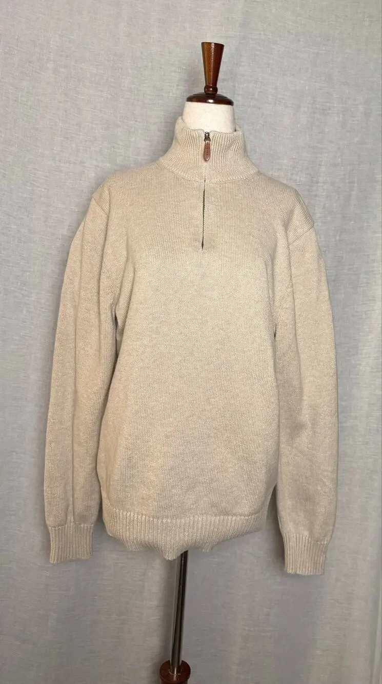 J.Crew Heritage Cotton Ribbed Quarter-Zip Sweater Beige Knit Mens  Size Medium